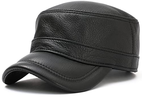 Men Lambskin Leather Cadet Army Caps Military Caps Flat Top Cap