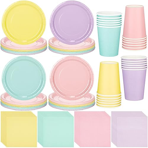 meekoo 72 Pcs Pastel Party Supplies Disposable 7 Pastel Paper Plates Napkins Paper Cups Serve 24 Guests, Macaron Color Tableware Sets for Birthday Wedding Baby Shower Party Decoration