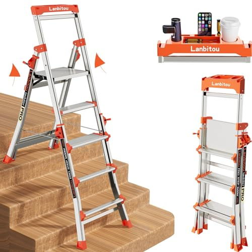 LANBITOU Ladder, Aluminum 5 Step Ladder with Handrails, Anti-Slip Wide Pedal, Tool Platform, Folding Step Stool Step Ladder for Stairs Home Outdoor Work, Lightweight-Portable, 330lbs-Capacity,