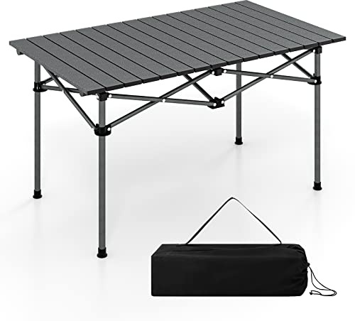 GYMAX Table de Camping pour 4-6 Personnes, Table Pique-Nique Pliante avec Grand Plateau et Sac de Transport, Légère Enroulable pour Voyage, Randonnée, Pêche, en Aluminium, 95x55x50cm, Noir