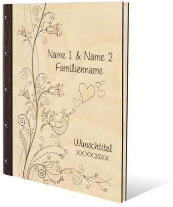Personalisiertes Stammbuch Hochzeit aus echtem Holz mit Leder Rücken A5 oder A4 inkl. vorgedruckten Seiten - Liebesbaum