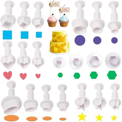 20 Pcs Cookie Cutters,Fondant Cake Cookie Plunger Cutter,Mini Plastic Biscuit Plunger Fondant Decorating Mold Heart Square Oval Circular Star Hexagon Cutters