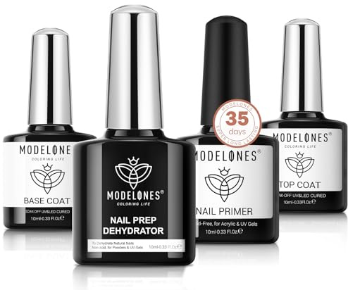 modelones Nail Dehydrator and Primer with Gel Base & Top Coat Set, Acid Free Acrylic Supplies Primer Glossy Gel Nail Polish Nail Thickening Solution Top Coat