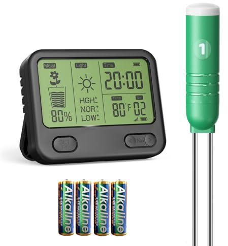 VINGNUT Boden Feuchtigkeitsmesser für Pflanzen,Gartenboden Temperatur/Feuchtigkeit/Sonnenlicht/Zeit /4-in-1 Feuchtigkeitsmessgerät Pflanzen für Gartenarbeit,Rasen,Topfpflanzen Gießanzeiger