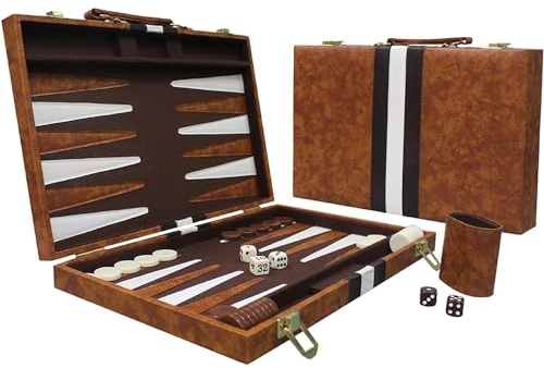 TINMAGI Backgammon - Jeu de société classique pour adultes - Portable - Avec sac en cuir de qualité supérieure - Pour voyage et famille - 38,4 cm - Marron - 2 joueurs - À partir de 14 ans