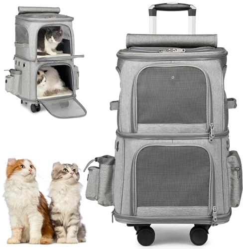 Haustier-Rucksack Für 2 Hunde/Katzen,Katzenrucksack/Hundereisetasche Mit Rädern,Haustier-Reisetasche, Tragbare Katzentragetasche Für Reisen, Rucksäcke Trolley,Grau