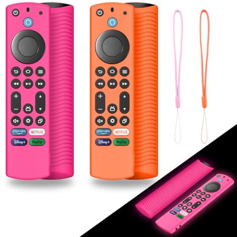 Custodia in silicone per telecomando Firestick 4K Max (2°)/Insignia/Pioneer/Omni (QLED) serie Alexa Voice Remote Enhanced con cordino, si illumina al buio (rosso rosa fluorescente + arancione