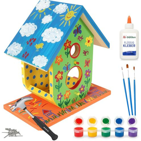 ITA DIY Mangiatoia per uccelli da assemblare e dipingere RusticRefuel 22x12x22,5 cm - Kit di costruzione e pittura per bambini - Kit di bricolage per ragazzi e ragazze