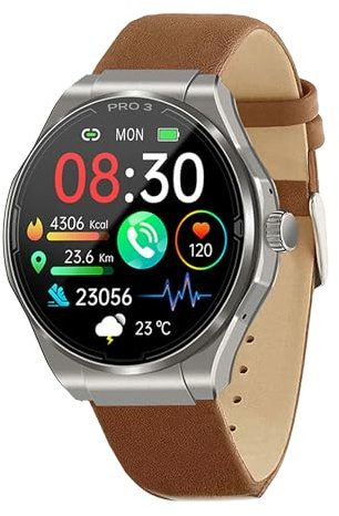 Knauermann PRO 3 (2024) Silber - Gesundheitsuhr Smartwatch mit Telefoniefunktion - EKG + HRV und SOS Funktion - AMOLED Display- BT Bluetooth - Schlafapnoe - Echtlederband Braun, 14-24, rund