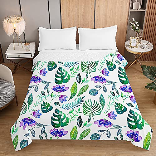 Highdi Bed Throws Quilted Bedspreads,Tropical Plants Print Lightweight Patchwork Quilt Comforter Single Double,Cotton Throw Summer Quilt,Quilted Blanket for All Seasons (Monstera Deliciosa,180*220cm)