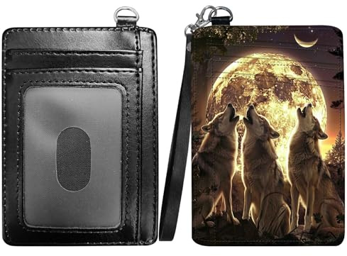 RWUTYTIUL Moonwolf Slim Minimalist Wallet with Lanyard Strap, PU Leather Front Pocket Wallet RFID Blocking Credit Card Holder Card Cases with ID Window for Man Woman Boy Girl