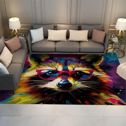 UERWOWELL Bunte Fuchs Print Soft Carpets Tier mit Brille Rutschfester Teppich für Schlafzimmer Spaß Maschinenwaschbare Küche Bodenmatte für Kinderzimmer 180x280cm