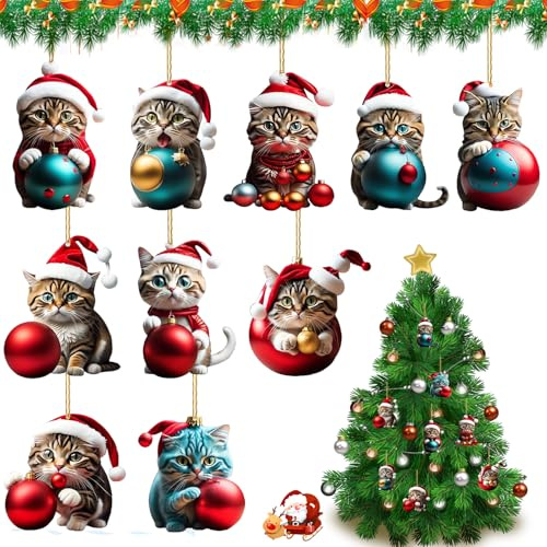 10 Stück Weihnachtsbaum Katzen Anhänger,Acryl Cartoon Katze Dekorative Ornamente,Lustiger Weihnachten Katzen Ornament,Weihnachtsanhänger Kleine Katze Deko,Weihnachtsschmuck Geschenk.