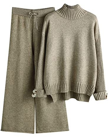 Strickset für Damen, Herbst und Winter, Strickanzug, hoher Kragen, Pullover, lange Hose, lockere Passform, 2er-Set, Damen-Kleider, Hosenanzüge, khaki, Einheitsgröße