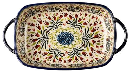 Plat à pâtisserie, plat de four en céramique résistant à la chaleur de 1900 ml à deux poignées, plat lasagne rectangulaire à imprimé flor