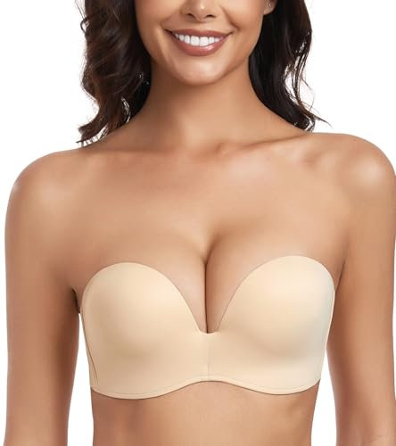 Lemorosy Push up Strapless Bra Women's Anti-Slip Invisible Seamless Wireless Lift Support(Beige,38D)