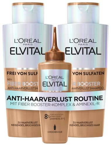 L'Oréal Paris Fiber Booster Anti-Haarverlust Routine für kurzes Haar, 2x Shampoo & Serum für volleres Haar, Gegen Haarausfall, Weniger Haarbruch, Gegen Haarverlust, Elvital, für Männer und Frauen