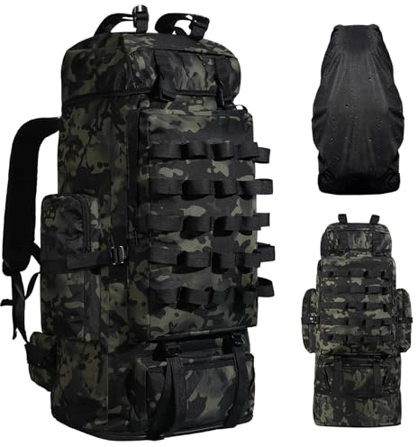 LibSkyln 70L/100L Camping Hiking Backpack with Rain Cover, Expandable Large Military Tactical Backpack, Waterproof Molle Racksack Travel Backpacking Daypack for Climbing Trekking (Black CP)
