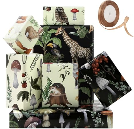 Geschenkpapier im Vintage-Stil, Pilze, Tiere, Wald, Giraffe, Eichhörnchen, 4 Bögen in 4 Wald-Designs mit 22 m Khaki-Band, flach gefaltet, 50 x 70 cm pro Blatt, Geschenkpapier für Frühling, Urlaub,