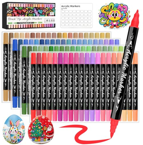 Funnasting Feutre Acrylique, 80 couleurs pointe double Feutres Acryliques, Marqueur Peinture Acrylique avec pointe fine et pointe pinceau pour la peinture sur verre, tissu, céramique, œuf, roche