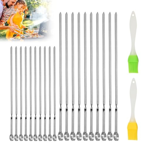 Hinapan 20 Stück Grillspieße aus Edelstahl, mit Grillbürste, Grillspieße aus Edelstahl, Kabob-Spieße, Flach, Wiederverwendbar Grillspieße, für Fleisch, Garnelen, Huhn, Gemüse(28 cm+38.5 cm)