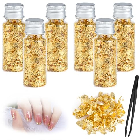 dsDAEDK 6 Flaschen Blattgold Flocken, Blattgold zum Basteln, Multifunktions Goldfolie Flocken, Goldfolie Papier mit Pinzette für Bastelarbeiten, Nagelkunst, Heimdekoration (Gold)