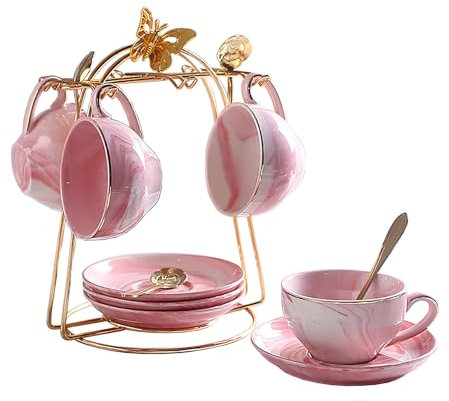 Juego de 4 tazas y platillos de café de estilo europeo, tazas de té de porcelana con ribete dorado y soporte de metal, diseño de mármol rosa, colección británica de té, 120 ml