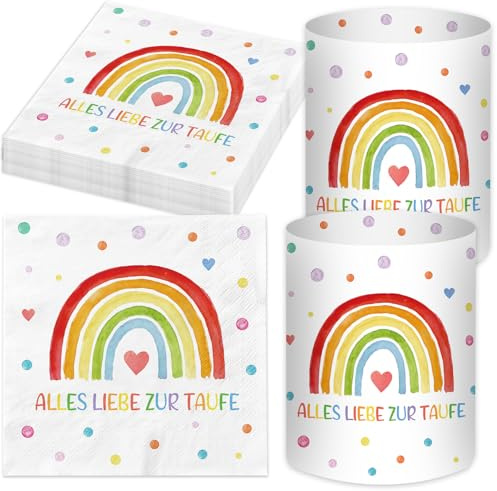 20 Stück Servietten Taufe+ 12 Stück Windlicht Tischdeko, Taufdeko Deko Mädchen Junge Regenbogen, Taufe Geschenke Gastgeschenk, Taufgeschenke für Mädchen, Party Deko Set