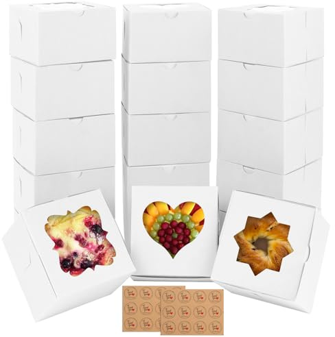 FORETOGO 18 Stück Bento Cake Box 10×10×6.5cm Kuchenverpackung Box | Weiß Faltbar Papier Kuchenbox mit Drei Fensterformen und 24 Blättern für Gebäck Kekse Desserts Süßigkeiten