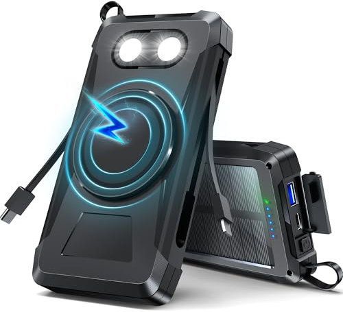Magnetic Solar Power Bank 20000mAh Wireless Portable Solar Charger 22.5W USB C PD QC 3.0 Fast Charging 5 Output 3 Input Camping External Battery Pack,with 2 LED Flashlight for Outdoor (Black)