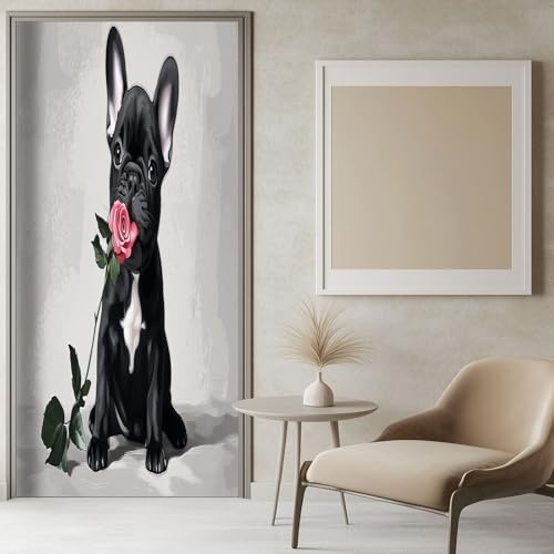 Türtapete Selbstklebend Französische Bulldogge Rose 100x200 cm grau Türaufkleber Türbilder Türklebefolie Abnehmbar Wohnzimmer Küche Schlafzimmer Wandaufkleber Türfolie