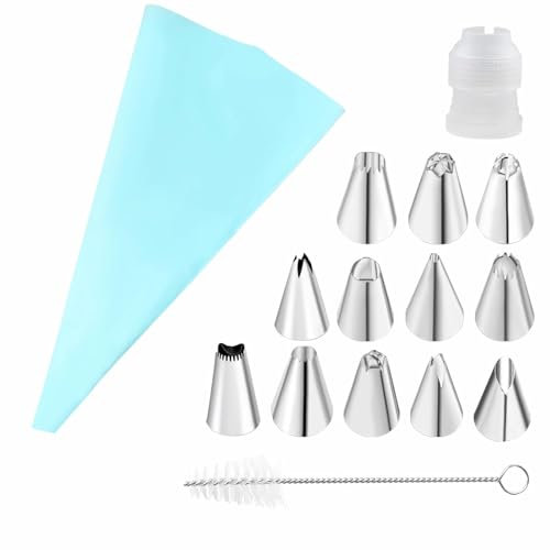 15-Piece Piping Set with 12 Stainless Steel Nozzles & Silicone Pastry Bag – Reusable Cake Decorating Kit for Baking, Desserts & Cupcakes – Includes Cleaning Brush