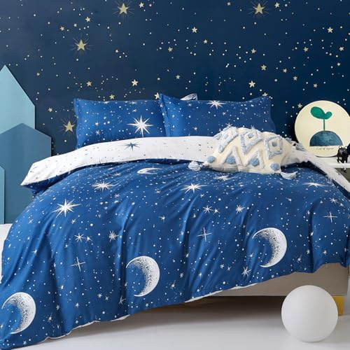 Duvet Cover Set Double Galaxy Moon Star Bedding Set For Boys Girls, Reversible Ultra Soft Microfiber Duvet Cover (3Pcs, Blue)