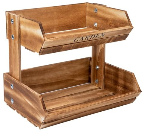 Tuesoa Panier à Fruits en Bois à 2 Niveaux, Rangement de Cuisine Polyvalent pour Légumes, Pain, Récipient Alimentaire de Style Vintage Rustique Marron