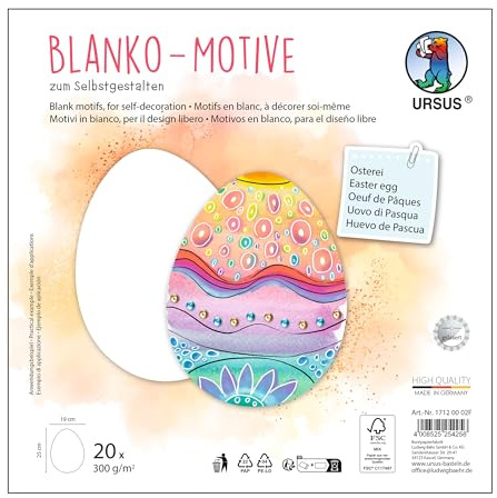 URSUS 1712 00 02F-Motivos en Blanco Huevo de Pascua, 20 Piezas de cartón fotográfico de 300 g/m², 25 x 19 cm, Papel de Bricolaje para Colorear, Pegar, Recortar y autodiseñar, Multicolor, One Size