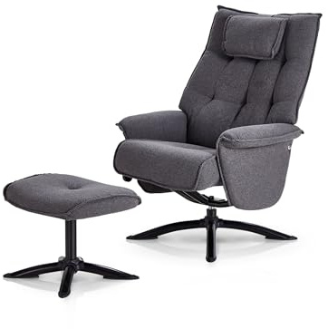 KHG Relaxsessel Grau Mikrofaser mit Hocker - hoher Rücken, weiches Nackenkissen & klappbare Lehne, Sitzhöhe ca. 47 cm, frei im Raum stellbar, Metall-Sternfußgestell, ideal für entspannte Momente
