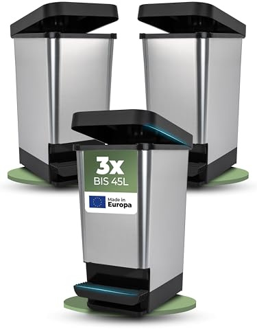 Novaliv 3x Großer Mülleimer mit Deckel - 45L Tretmülleimer - Treteimer Müllbehälter Stabiler Abfalleimer mit Deckel & Fußpedal - Geruchsdichter Mülleimer Küche u.v.m