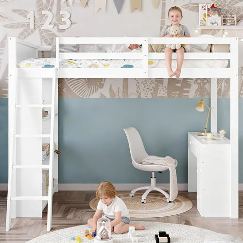 Su & Chan Legence High Sleeper Bed with Desk, Loft Bed with Storage and Shelves, Bunk Bed for Kids with Ladder and Safety Guardrail, Without Mattress, 90 x 190 cm, White