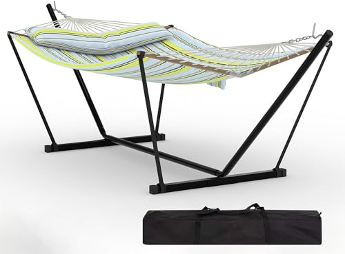 Garvee Hamaca para 2 Personas con Soporte Metálico y Barra de Madera Resistente - Acolchada y Antidesgarro - Portátil para Jardín, Patio o Playa - Rayas Azul y Amarillas