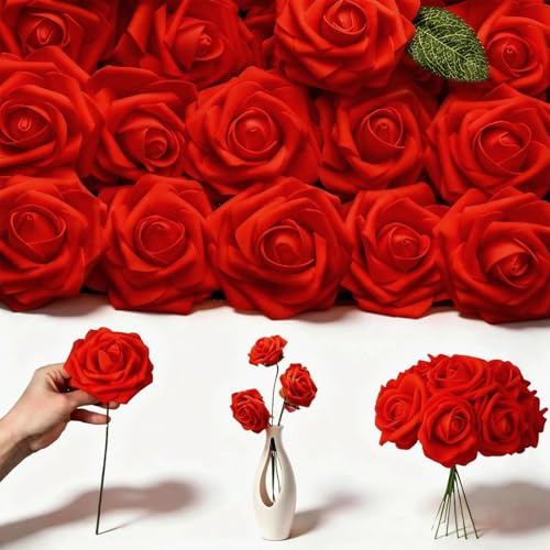 DIYCUT 25 Piezas Material Espuma PE Petalos de Rosa Artificiales, Rosso | Ramas Rosas Rojas Artificiales, Tallo Largo Realista Ramo de Flores San Valentin, Adecuado para Mesa de Comedor