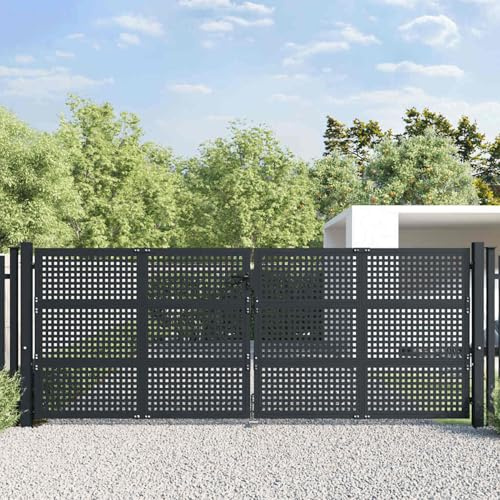 Fecpoo Puerta de jardín antracita 400 x 200 cm de acero con mango y cerradura con cerradura – Puerta de doble hoja para exterior