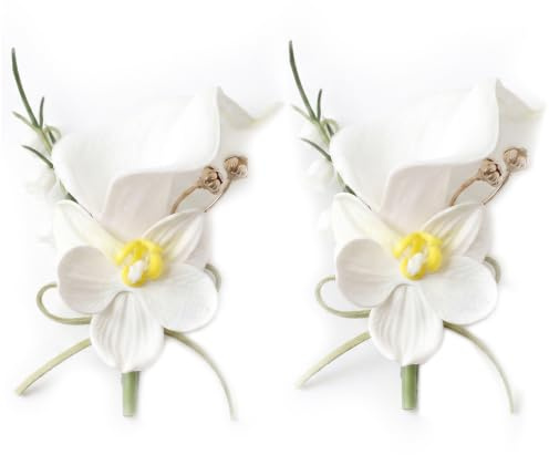 2 Piezas Broche de Flores de Boda, Broche de Ramo Artificial de Lirio de Cala, Boutonniere de Boda, Hecho a Mano Novio Ramillete con Pin y Clip para Bodas, Fiestas de Graduación, Fiestas (Blanco I)