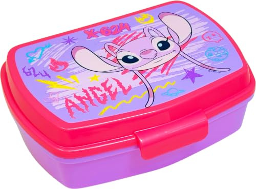 Clondo Lunchlåda för barn 3–8 år (17 x 14 cm) | BPA-fri matlåda i plast | Mellanmålslåda för förskola och skola | Snäpplås (Stitch rosa)