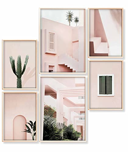 Heimlich® Premium Poster Set OHNE Bilderrahmen | 2 x DIN A3 & 4 x DIN A4 - ca. 30x42 & 21x30 | Stilvolle Poster Collagen mit passenden Bilder als Wanddeko » Architektur Pink Kaktus «