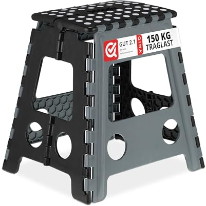 Relaxdays Taburete Plegable XL, 1 Escalón, Banqueta con Asa, hasta 150 kg, Plástico, 39 x 39 x 32 cm, Gris/Negro