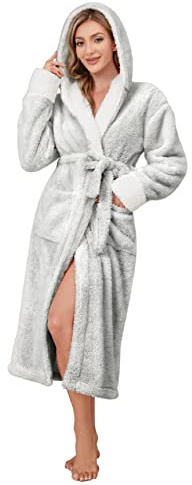Nadeer Bata para Mujer Con Capucha, Bata De Baño para Mujer Bata De Felpa Suave para Mujer Bata De Casa Ropa De Salón Albornoz(Gris,S)