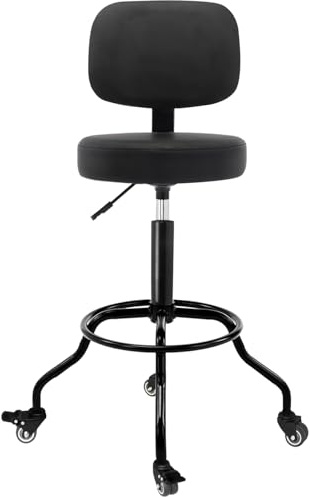 CoVibrant Heavy Duty Shop Stool with Ergonomic Backrest - Lockable Rubber Wheels & High Footrest, 360° Swivel, Adjustable Height for Garage Workshop Workbench, 350lbs Capacity (Black, 24-27)