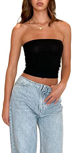 Himllauen Damen Schulterfrei Tube Top Y2K Crop Top Sommer Ärmellos Vintage Top Slim Sexy Crop Top Elegant Oberteil Aesthetic Clothes für Frauen Mädchen (F Schwarz, S)