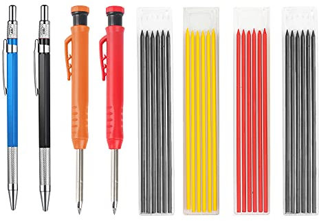 Baustelle Druckbleistift Set mit 36 Bleistiftminen Tischler Bleistift Tieflochmarker mit Eingebautem Spitzer Schwarz Gelb Rot Bunt Handwerker Bleistifte Universal DIY Werkzeug, 4er Pack Set A