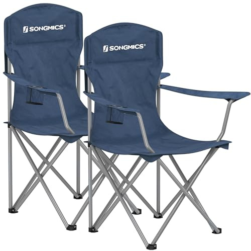 SONGMICS GCB008Q02 Set of 2 Folding Outdoor Fishing Chairs, High Backrest, Armrests, Drink Holder, Foldable, Maximum Load 150 kg, Camping Garden Patio, Dusk Blue